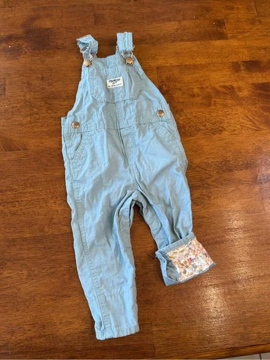 OshKosh B’gosh Baby Girl Blue Canvas Overalls Floral Lined Cuff size 18 months