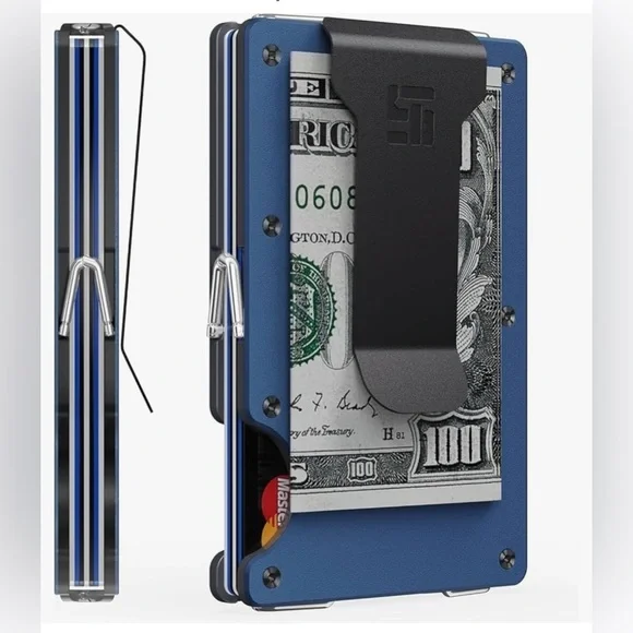 TIGERSTONE Minimalist Slim Metal Wallet Men RFID Blocking Holds 20 Cards Blue