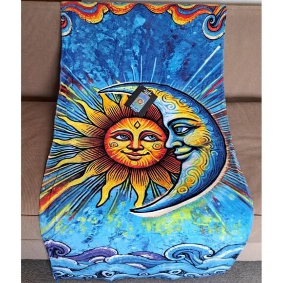 Sun & And Moon Towel Bath Beach Pool Gift Celestial Faces Merge 30x60 Waves Sky