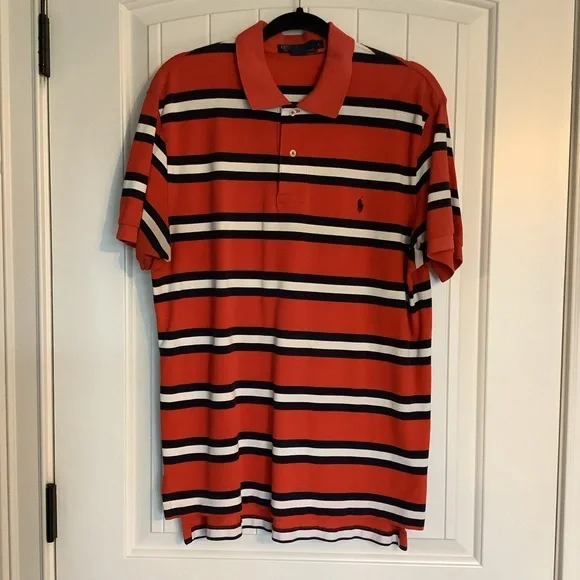 Ralph Lauren Men's Coral Red and Navy Striped‎ Polo Shirt