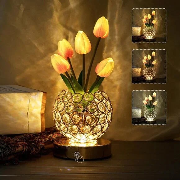 Crystal Pink Tulip Flower Rechargeable Cordless Touch Light Lamp Home Decor