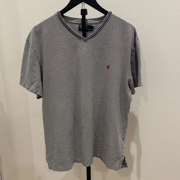 Ralph Lauren Gray V-Neck Short Sleeve Polo with Red Pony