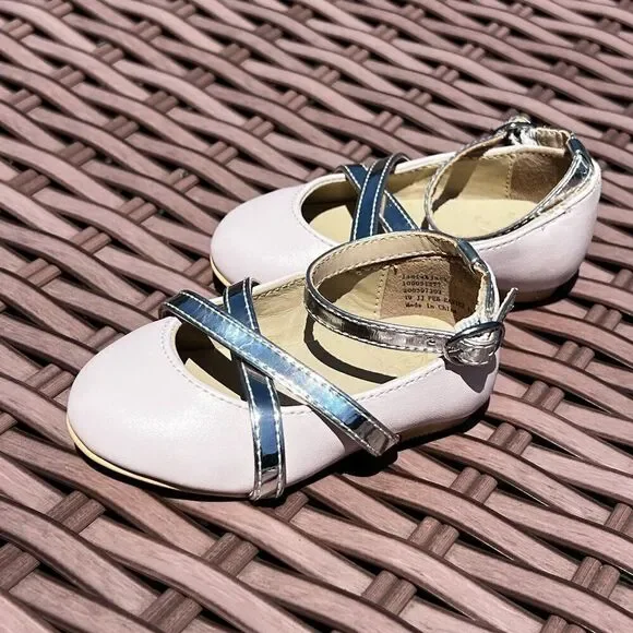 Janie & Jack Baby Silver and Pink Mary Jane Flats Dress Shoes Size 3, 18M