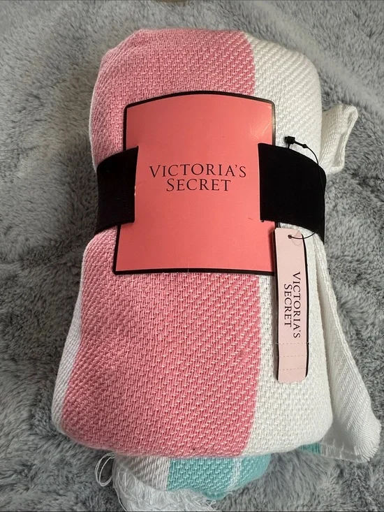 NWT Victoria's Secret Pastel Pink White Striped Woven Cotton Throw Beach Blanket