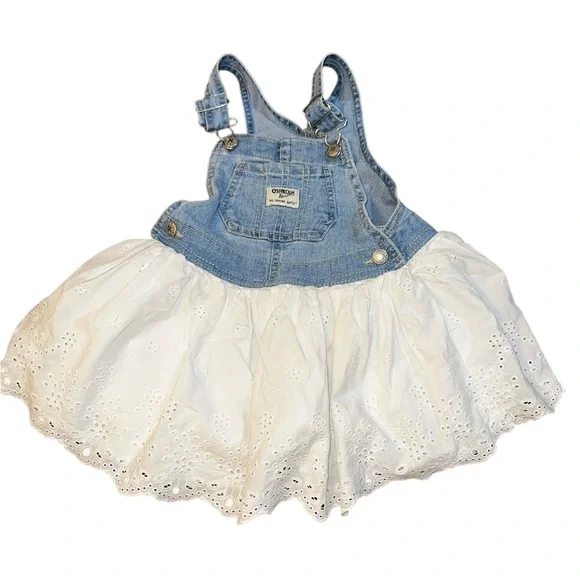 OshKosh B'gosh Toddler Girls Denim Eyelet Lace Overalls Dress Size‎ 24 Months