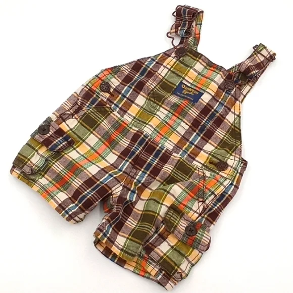OshKosh B'Gosh Brown‎ Plaid Shorts Overalls 3M