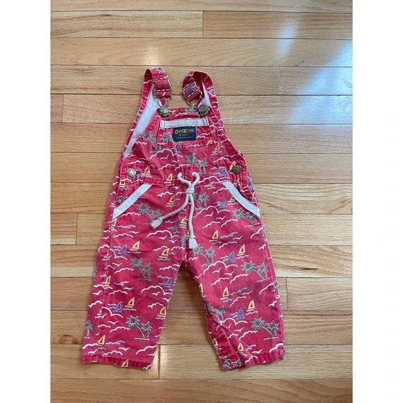 Vintage OshKosh Bgosh‎ Red Nautical Palm Tree Sailboat Overalls 6-9 Months USA