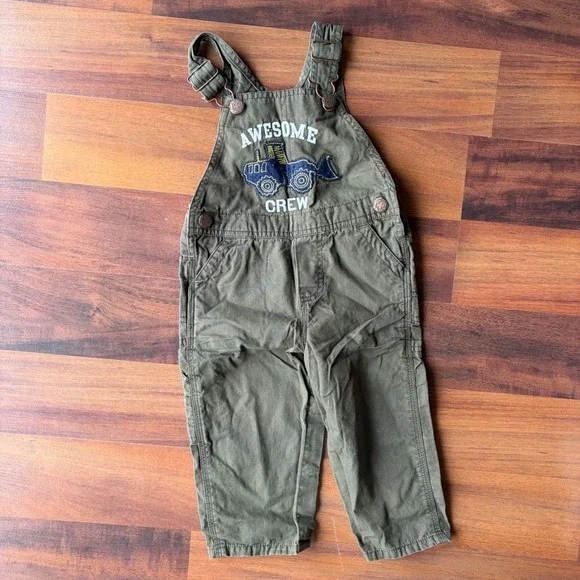 OshKosh‎ Bgosh Boys Olive Green Awesome Crew Bulldozer Canvas Overalls 18 Months