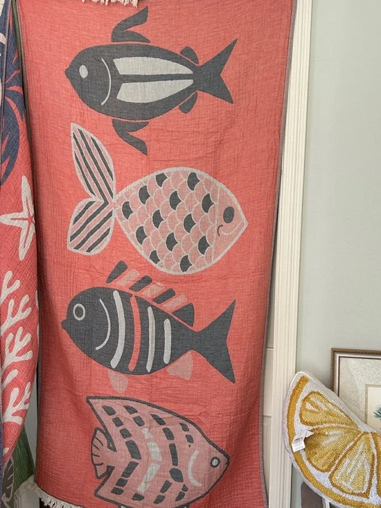 Modern Coastal Fish Woven Throw Towel Reversible Teal Coral FLiPSiDE NWT