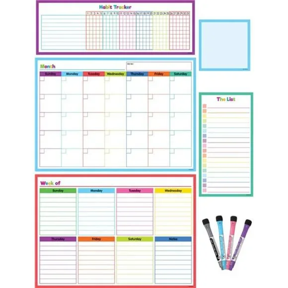 Set of 5 Colorful Dry-Erase Magnetic Calendar for Fridge + 4 Markers