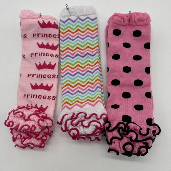 3 pr Girls Polka Dot, Stripes, Princess Ruffles Leg Warmers 10