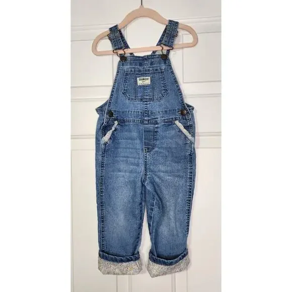 Oshkosh B'Gosh Vestbak Denim Overalls Girls 2T Floral Trim Cuffs Pockets