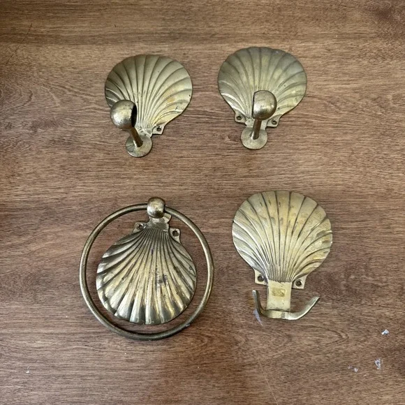Vintage Brass Sea Shell Bathroom Accessories Toilet Paper, Hook & Towel Beach