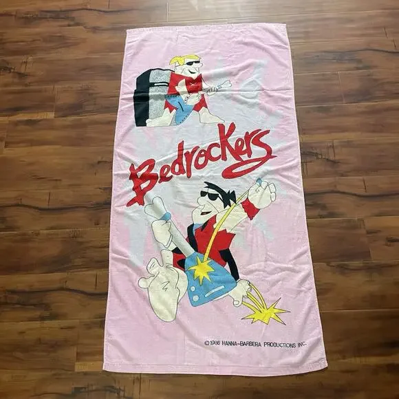 Vintage 1986 The Flinstones Beach Towel The Bedrockers Pink Hanna Barbera Prod