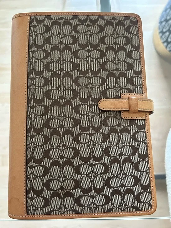 Coach Mini C Signature Canvas planner with Tan Leather Trim
