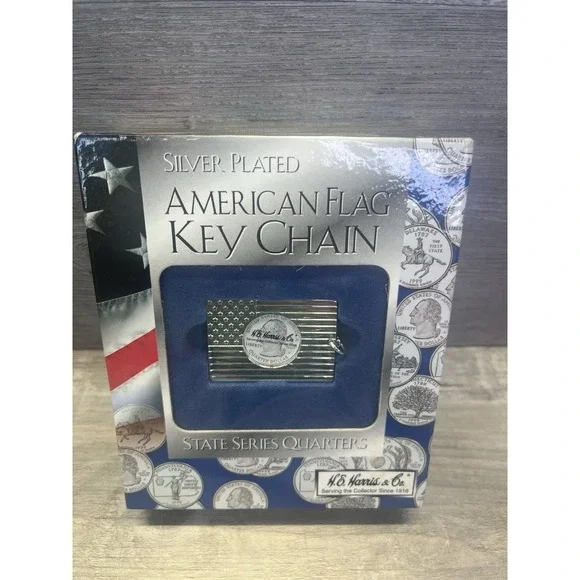 H.E. Harris Flag Keychain New Old Stock Car Truck American Flag Silver Plated