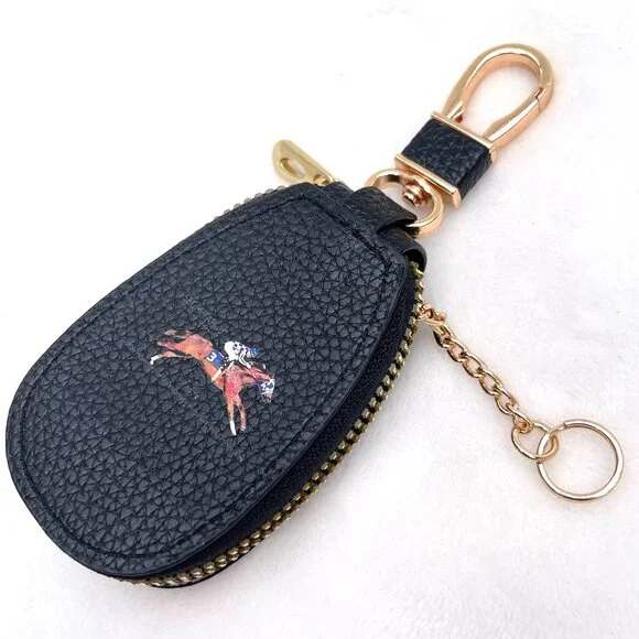 NWT Real Leather Equestrian Pouch Key Holder Zip Coin Case Keychain