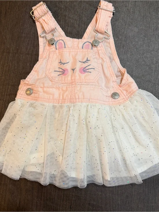 OshKosh B’Gosh Pink Bunny Embroidered Tulle Overall Girls Dress Sz 9m