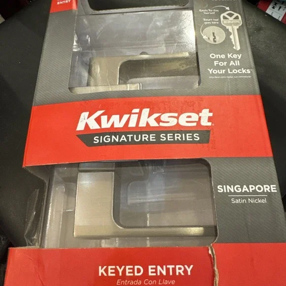 Kwikset Singapore Square Keyed Entry Door Handle SmartKey Satin Nickel 97402-911