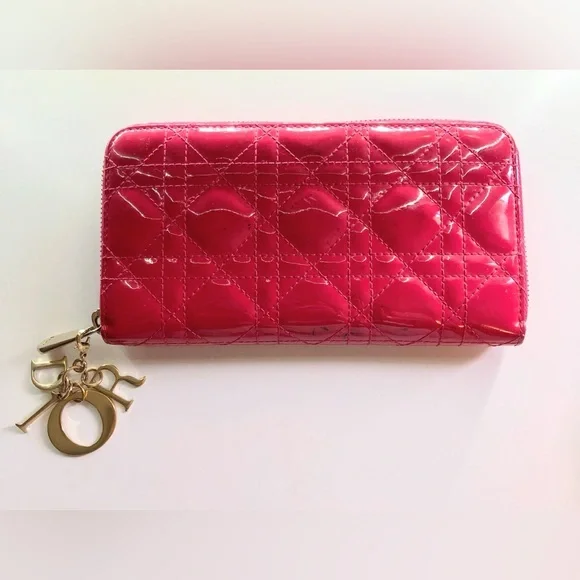 🩷 Lady DIOR Christian Dior Cannage Pink Patent Leather Long Zippy Wallet Charm