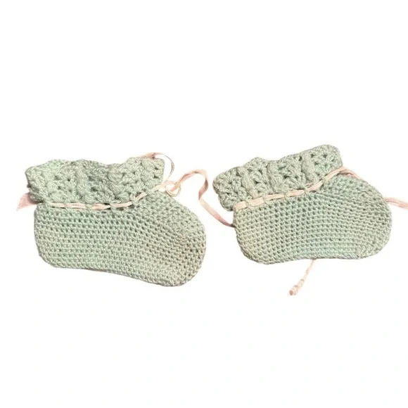 Vintage Handmade Crochet Baby Booties Blue With White Satin String