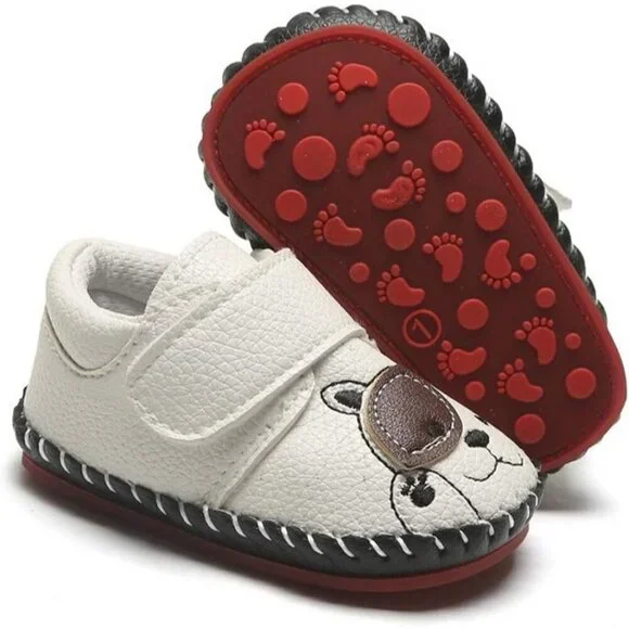 Toddler Dog/Cream White Baby Boys Girls Pu Leather Hard Bottom Walking Sneakers