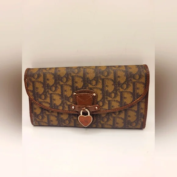 Christian Dior Trotter Canvas Long PVC Brown Heart Vintage Long Wallet