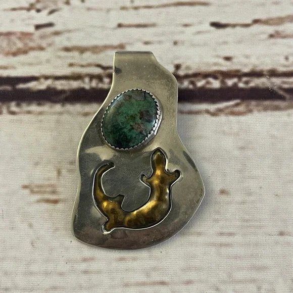 Native American Handmade Sterling‎ Silver Brass Turquoise Salamander Money Clip