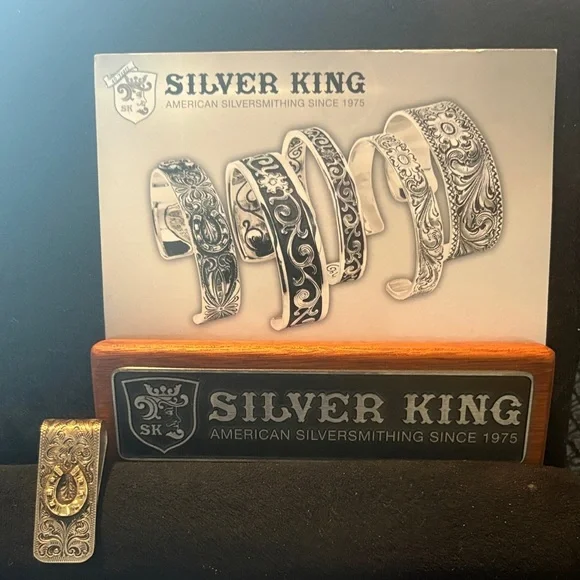 Silver King hand engraved Sterling and gold money clip. New.