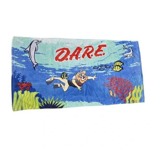 Vintage 90s DARE Lion Beach Towel Underwater Scuba Diver Dolphin Crab Fish Coral