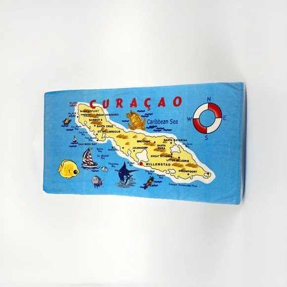 Vtg Beach Towel Blue Curacao‎ Map 100% Cotton Terrycloth Graphic Print 30 x 55