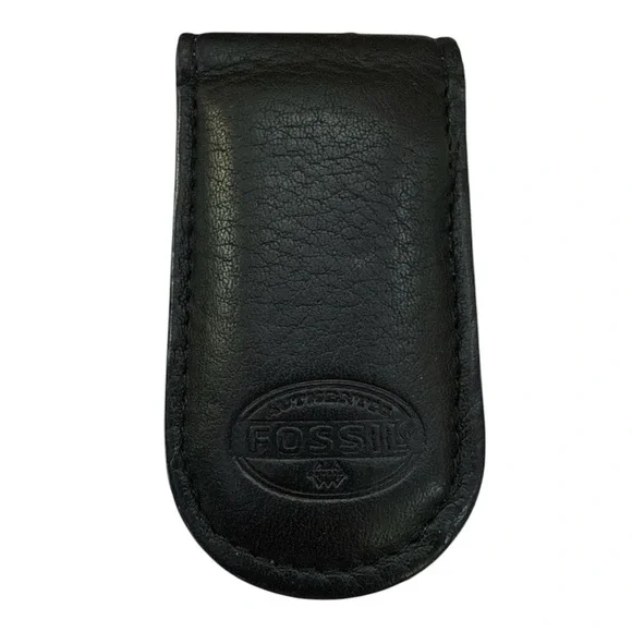 Fossil vintage black leather money clip genuine leather magnetic close retro y2k