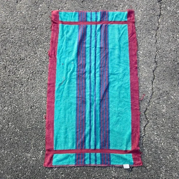 VTG JCPenney Beach Towel Teal Burgundy Striped Pima Cotton Thrashed Distress USA