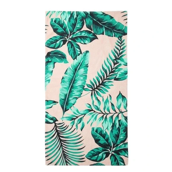 Tropical Leaf Print Beach Blanket‎ or Yoga quick dry Pink Green Large Vacation