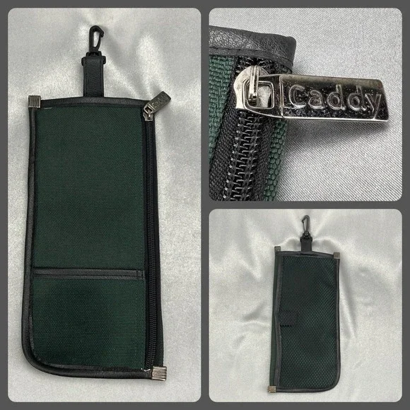 Caddy Brand Green Zipper‎ Pouch w/ Carabiner Leather Accents Golf Bag Clip VTG