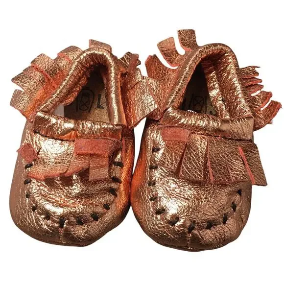 Cage & Lantern Baby Girl Moccasin Fringe Walker Shoe Leather Metallic Rose Gold