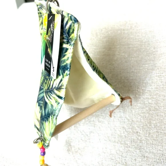NWT Hut/Tipi Tent Swinging Perch Green Jungle Leaves Pattern with Bell