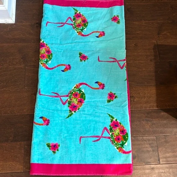 Truly Lou Beach Towel Cotton Flamingos Floral 36”x70” New