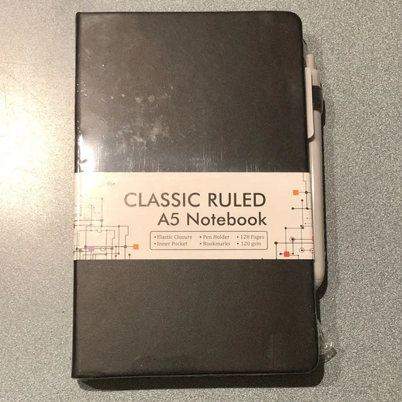 Classic Ruled A5 Notebook with Pen Holder - Black