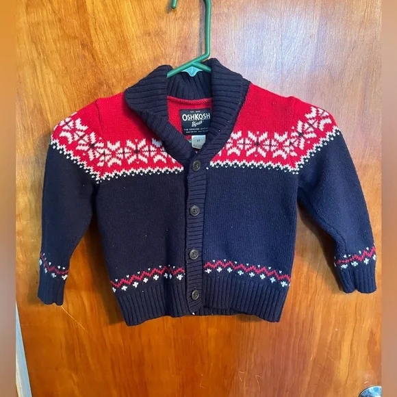 3T OshKosh B'gosh Boy's Red White & Blue Nordic Cardigan Sweater