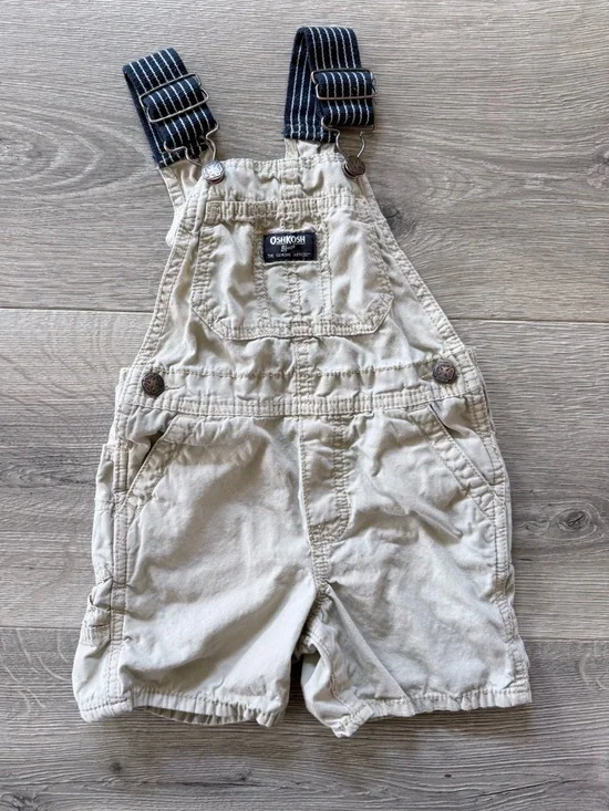 OshKosh B'gosh Tan Short Overalls with Navy Stripe Straps