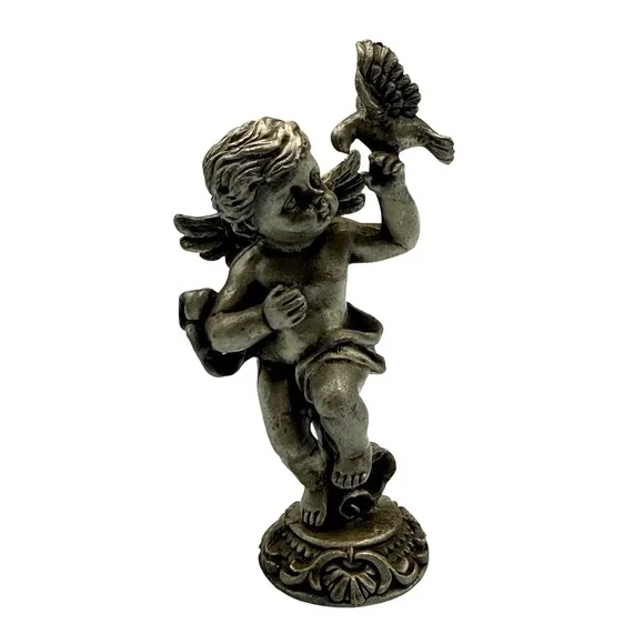 Pewter Cherub Figurine With Bird Putti‎ Angel Statue Vintage Style
