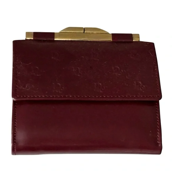DIOR VINTAGE Bordeaux Red Leather Compact Kiss Lock Wallet