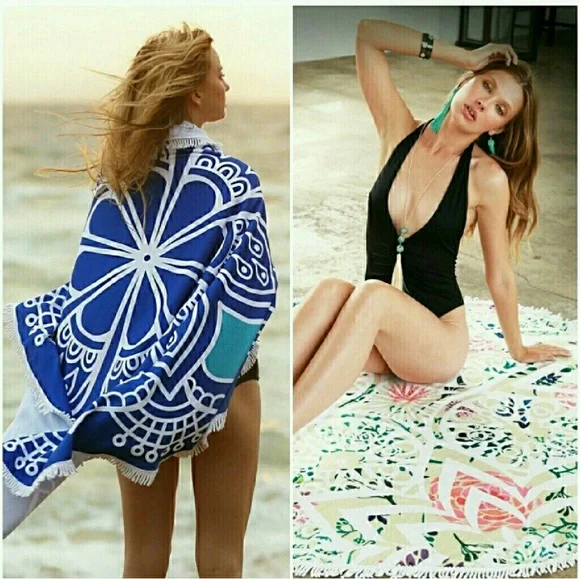 Round Blue Printed Fringe Beach Picnic Blanket Wrap Towel 150 cm 60 inches NEW