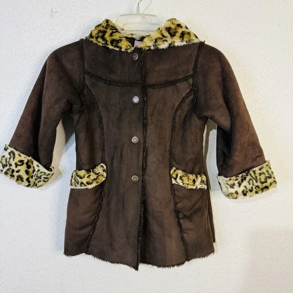 Oshkosh Bgosh Girls Coat 5/6 Faux Fur Leopard‎ Brown Hooded Pockets