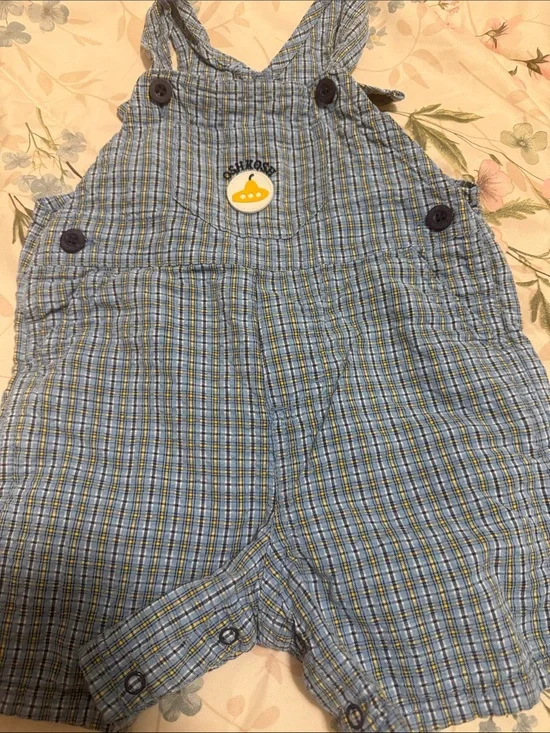 OshKosh B'gosh Blue dungarees cotton Plaid Overalls with Yellow Patch size 12M