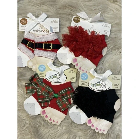 Lot Of 4 Baby Deer Infant Girl Peep Toe Sock Gripper Christmas Birth To 12 Month