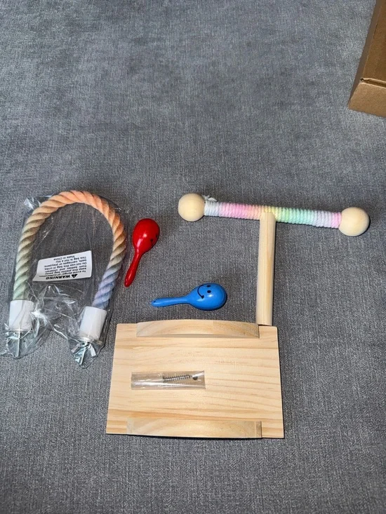 Wooden Rainbow Bird Perch Stand with Pastel Rope and Colorful Toys