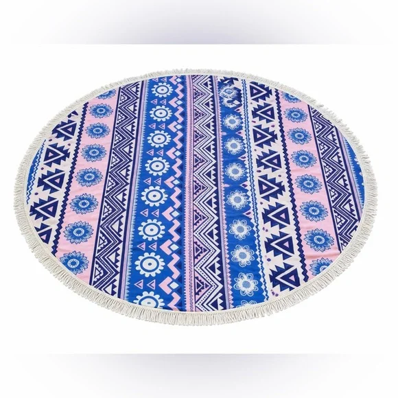 Geometric Blue and Pink Round Fringe Beach Towl