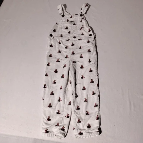OshKosh B'gosh Kids White Corduroy Teddy Bear Vestbak Overalls 5T - Imperfect